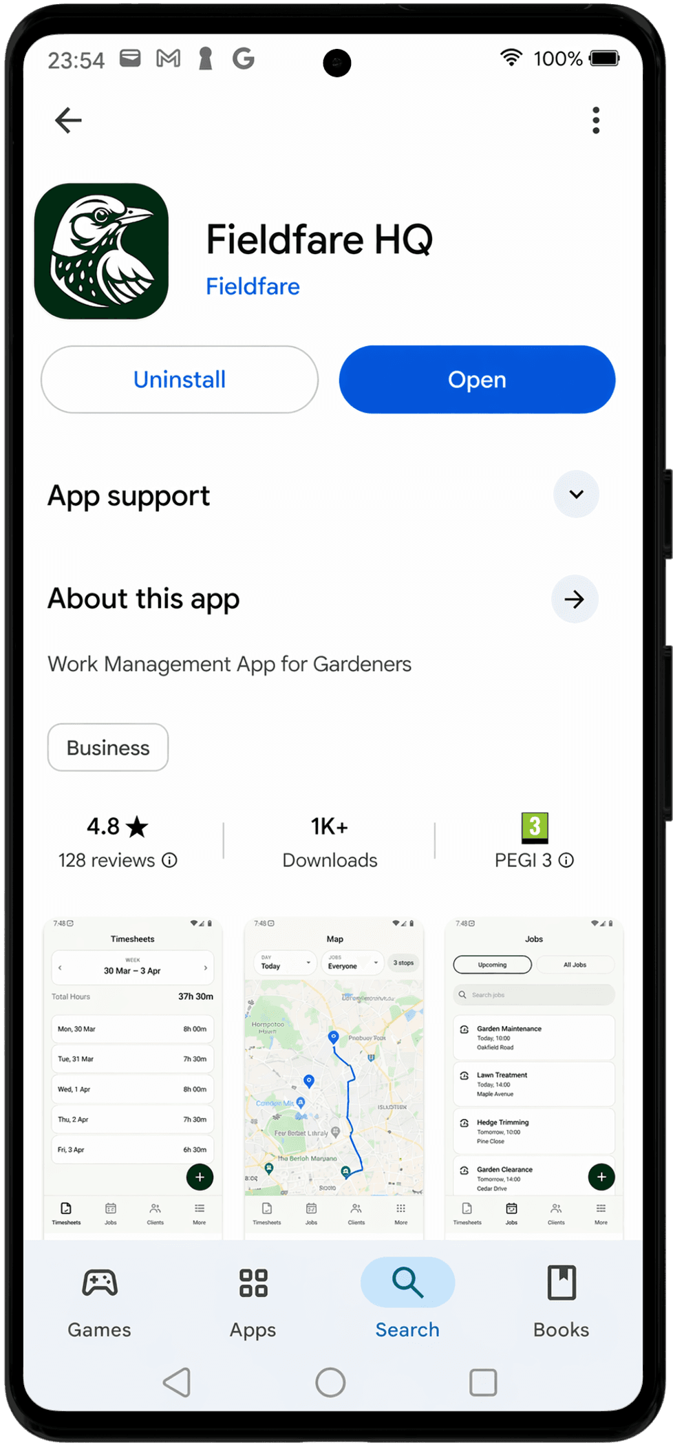 Fieldfare mobile app preview on Android showing the app store listing and product screens