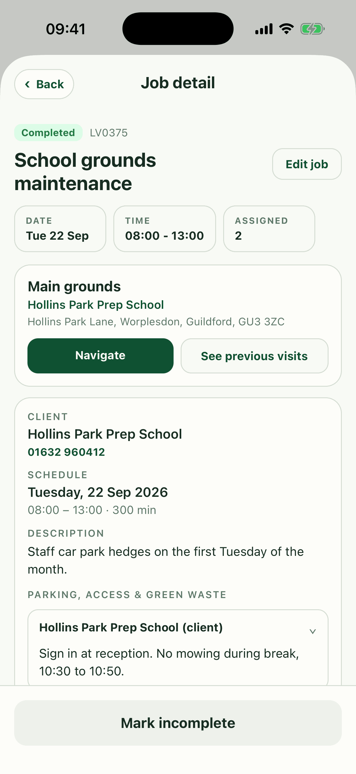 A job in the Fieldfare app with the address, client and access notes